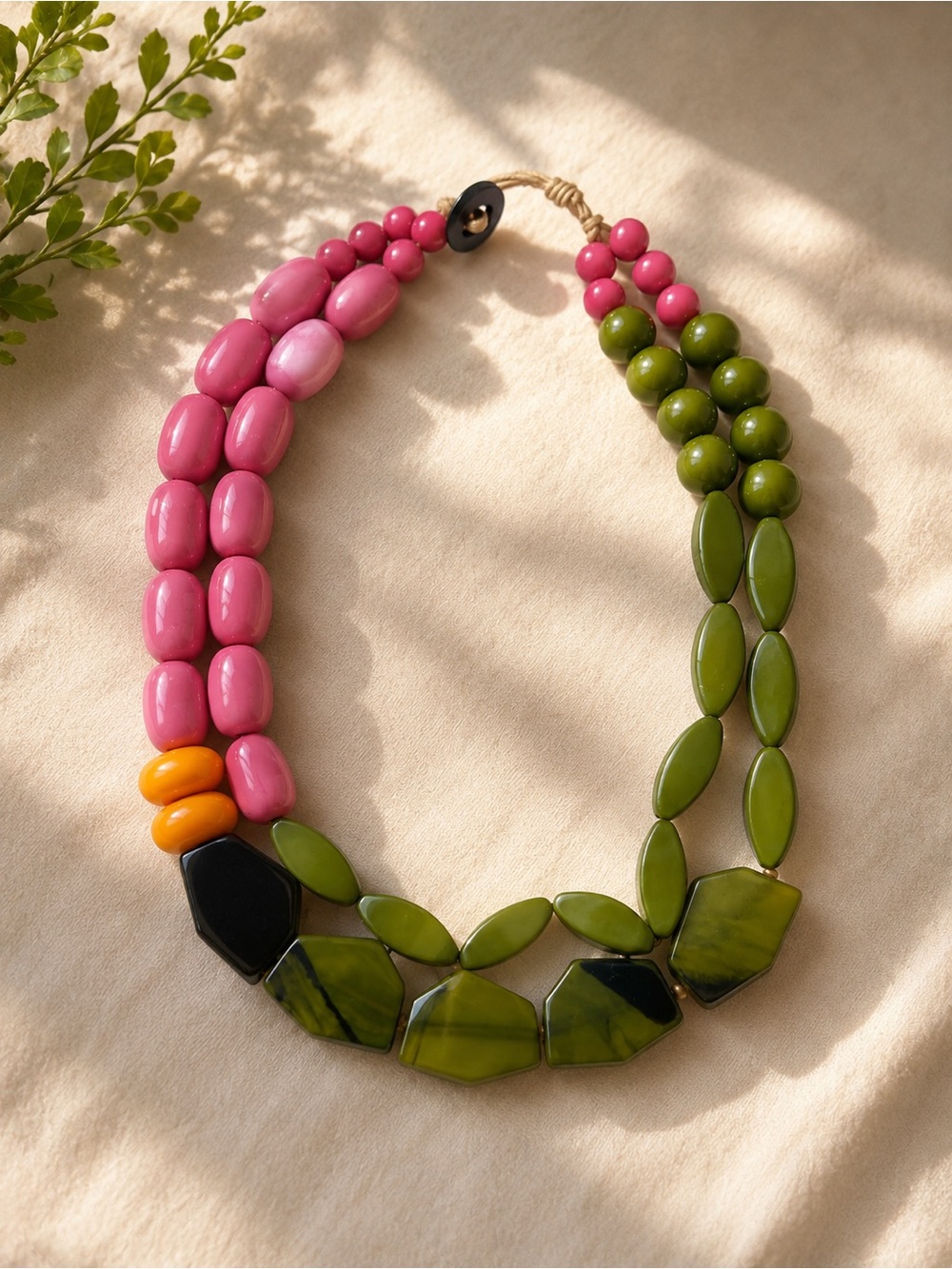 Pink and Olive Beaded Statement Necklace - Women Jewelry